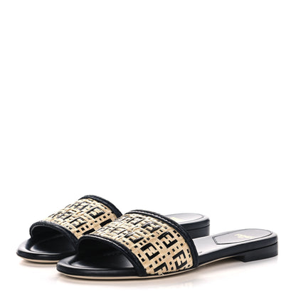 Fendi Raffia FF Flat Slide Sandals 36 Natural Black 3 of 9