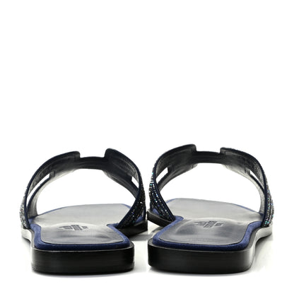 Hermes Suede Goatskin Crystal Oran Sandals 37 Bleu De Prusse Irisé 5 of 11