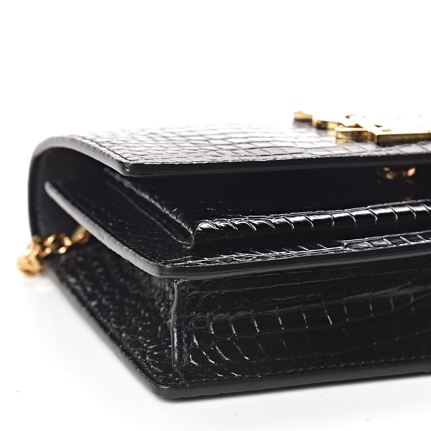 Saint Laurent Calfskin Crocodile Embossed Monogram Sunset Chain Wallet Black 7 of 9