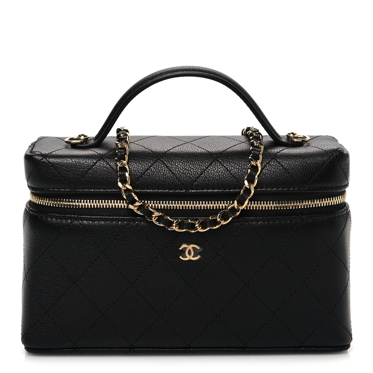 Goatskin Quilted Top Handle Slim Vanity With Chain Black