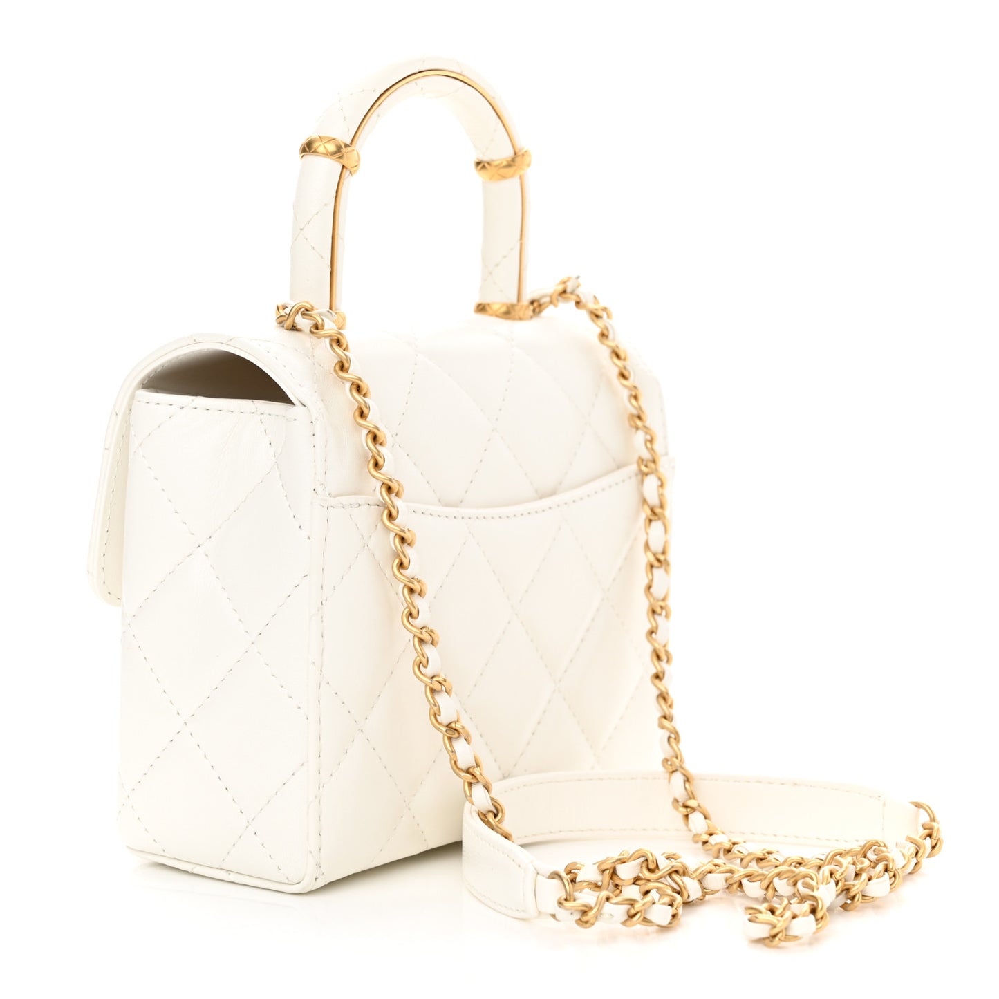 Lambskin Handle Crush Top Handle Flap Bag White