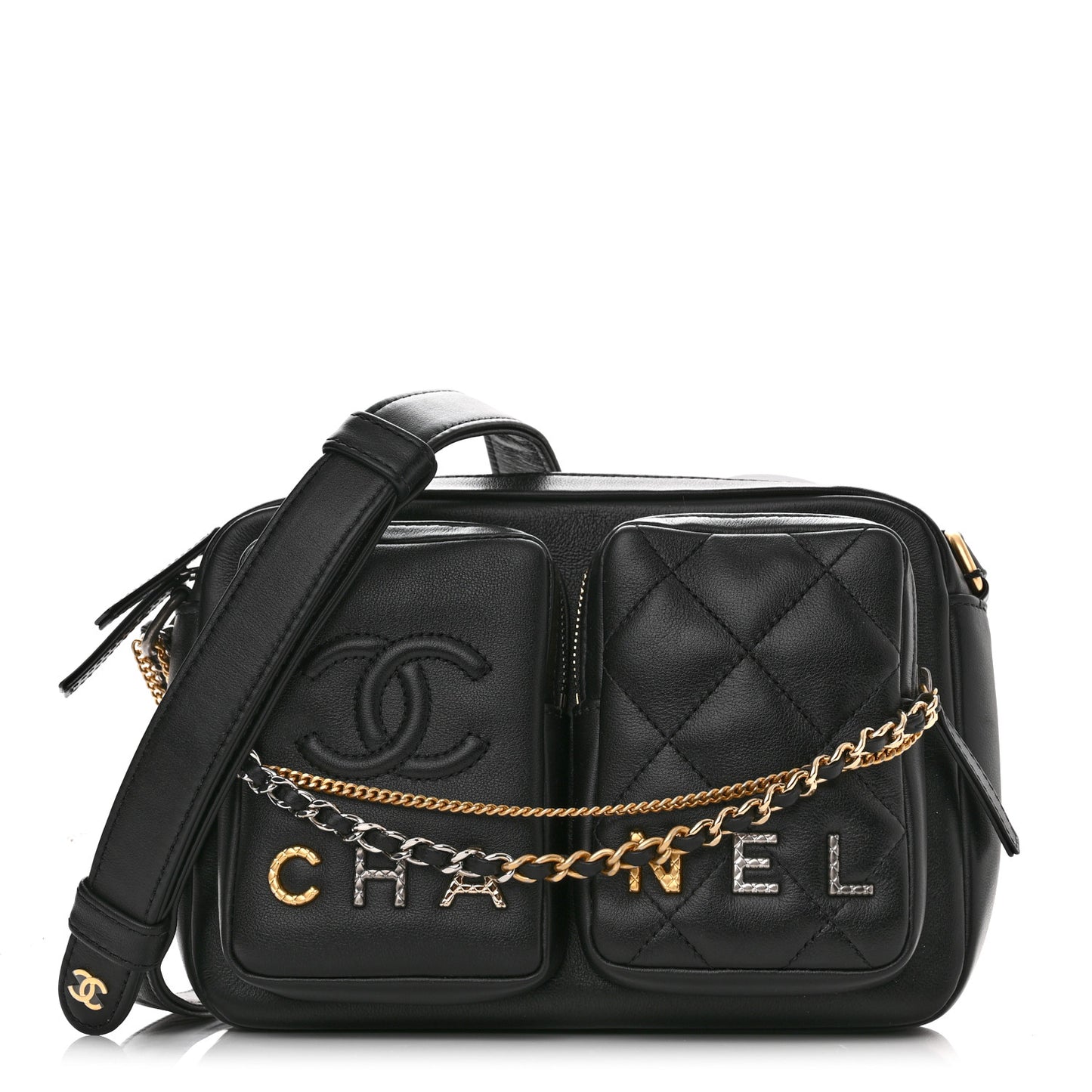 Calfskin Quilted Small Camera Case Black