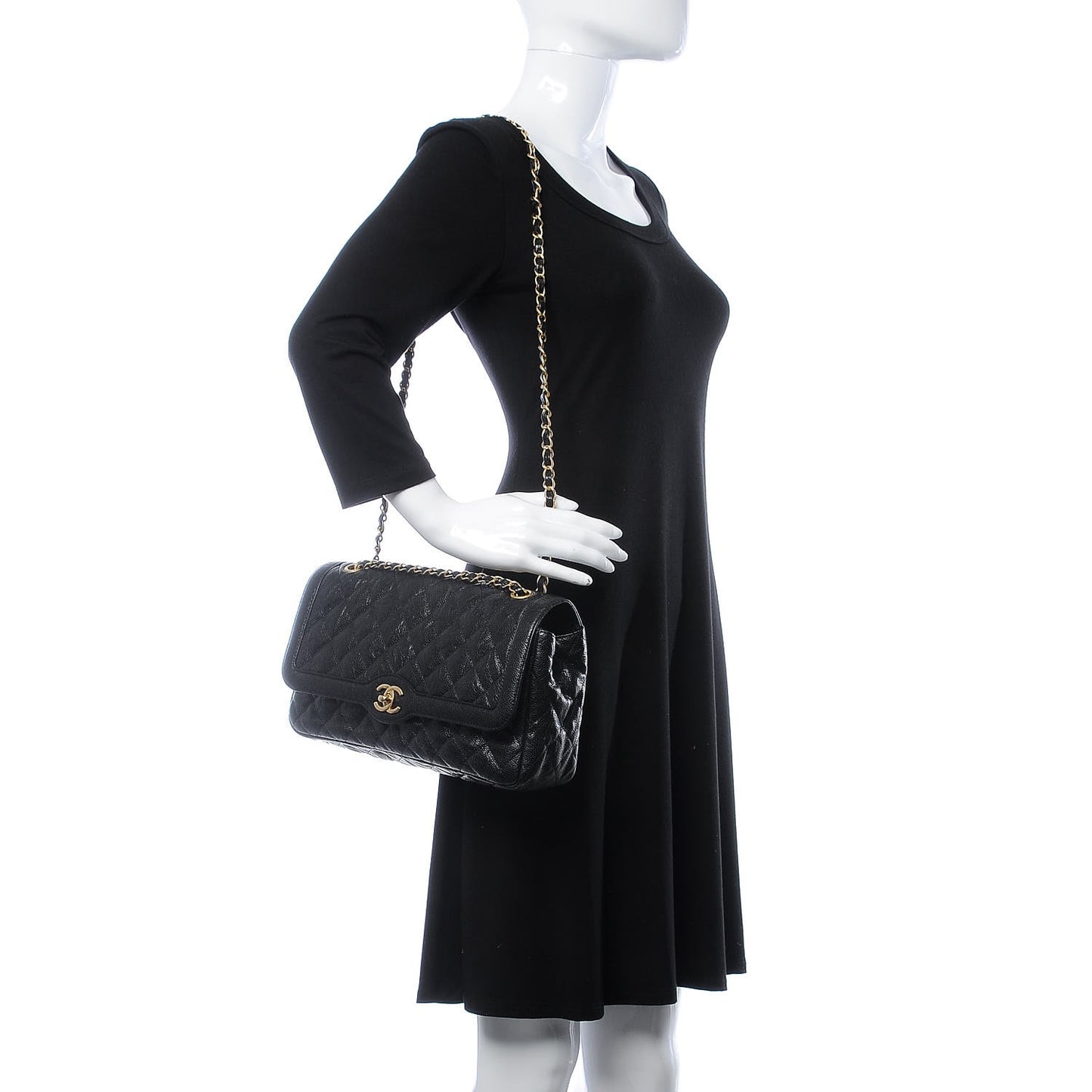 Crumpled Grained Calfskin Quilted Large Two Tone Flap Bag Black