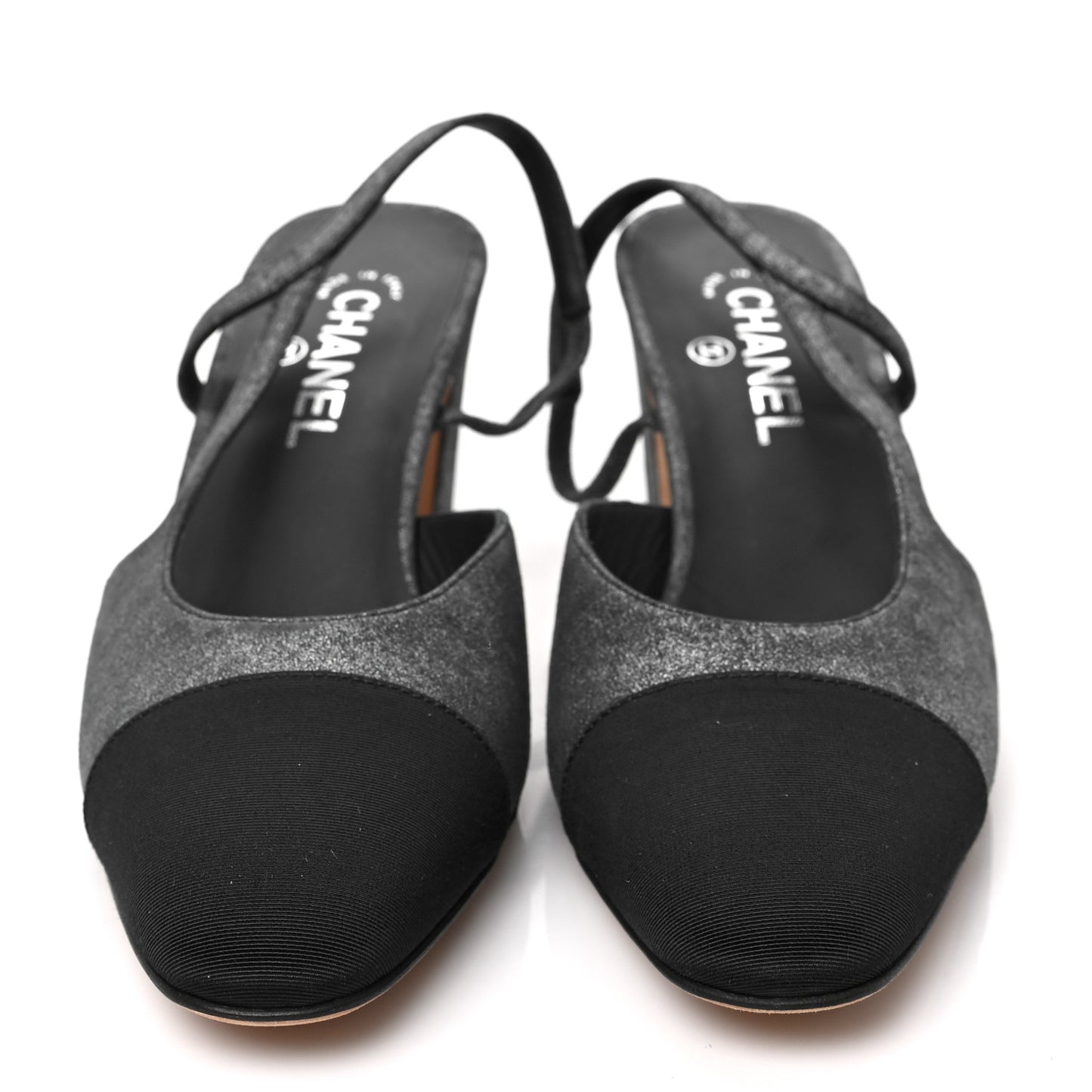 Lambskin Grosgrain Cap Toe CC Slingback Sandals 41 Black Silver