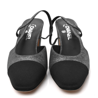 Chanel Lambskin Grosgrain Cap Toe CC Slingback Sandals 41 Black Silver 3 of 7