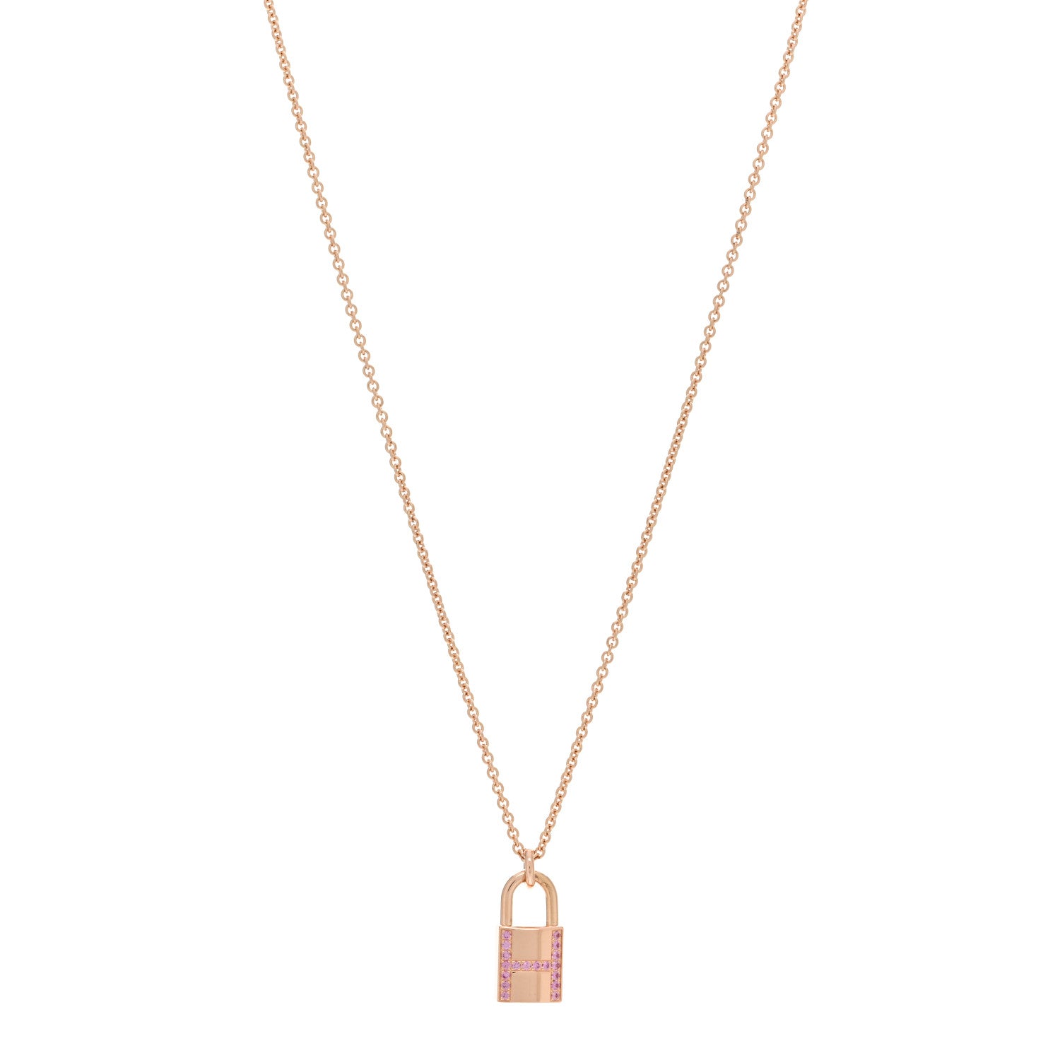 Hermes 18K Rose Gold Pink Sapphire Amulettes Cadenas Pendant Necklace 1 of 5