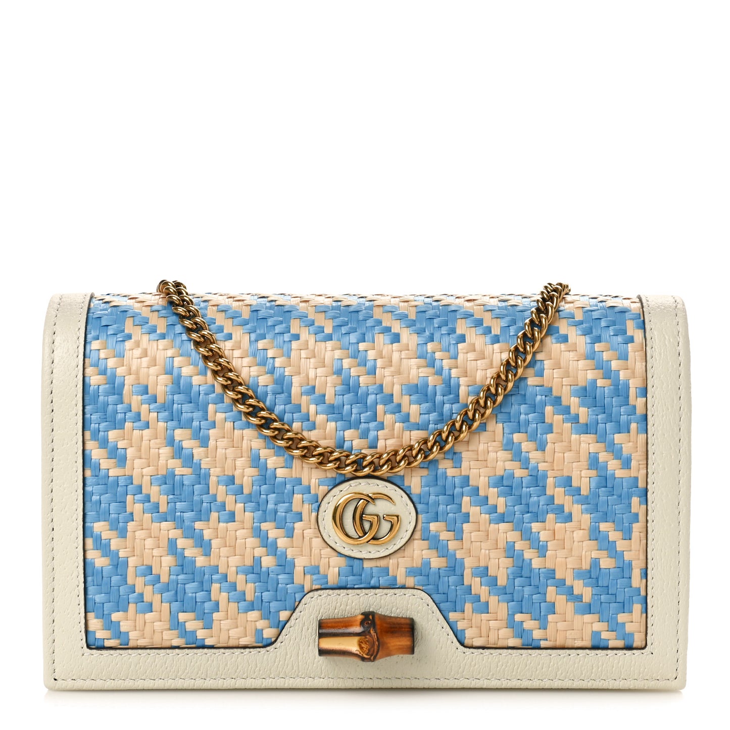 Polished Raffia Textured Dollar Calfskin Houndstooth Mini Diana Chain Bag Natural Light Blue Mystic White