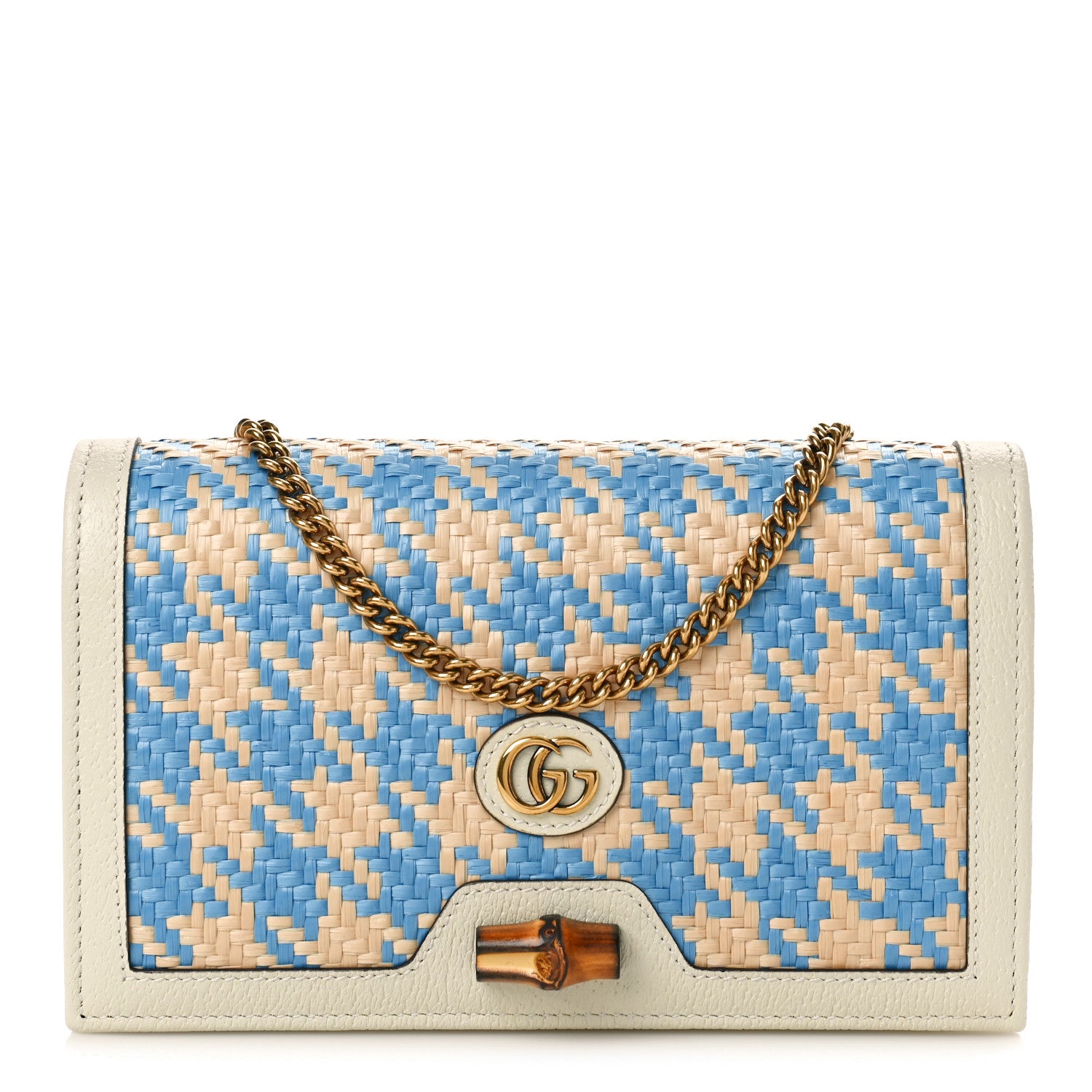 Gucci Polished Raffia Textured Dollar Calfskin Houndstooth Mini Diana Chain Bag Natural Light Blue Mystic White 1 of 9