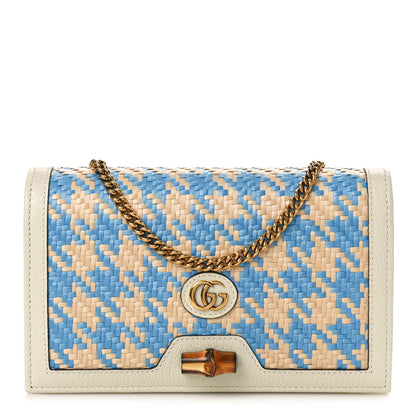 Gucci Polished Raffia Textured Dollar Calfskin Houndstooth Mini Diana Chain Bag Natural Light Blue Mystic White 1 of 9
