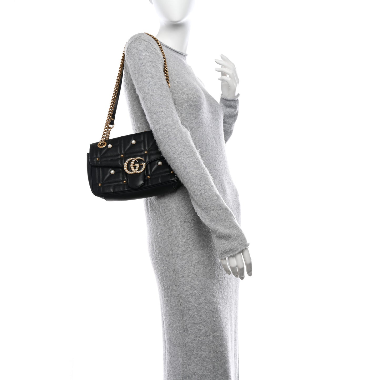 Calfskin Matelasse Studded Small Pearly GG Marmont Shoulder Bag Black