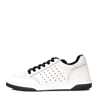 Chanel Grained Calfskin Fabric Womens Logo Sneakers 38.5 White Black 1 of 9
