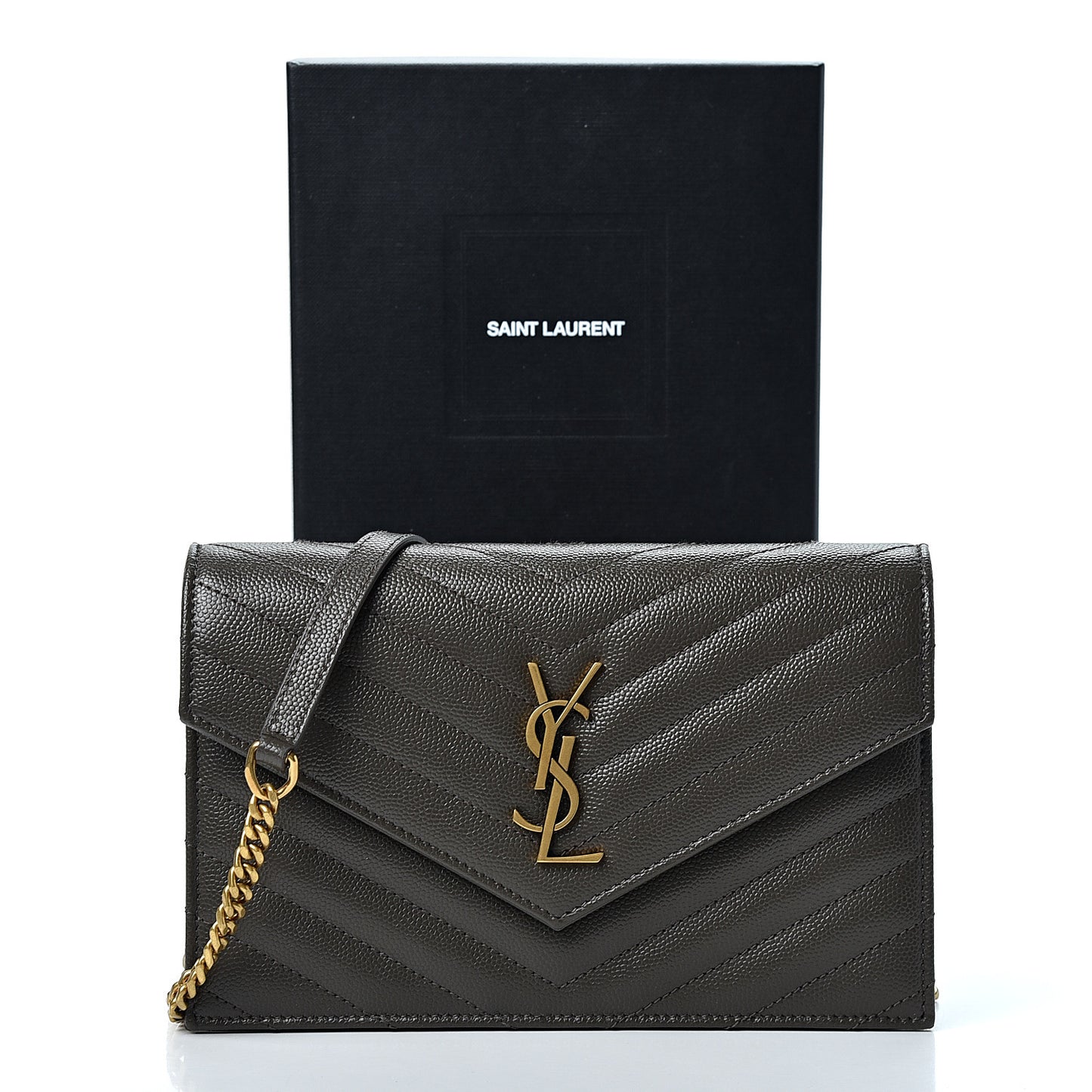 Grain De Poudre Matelasse Chevron Monogram Envelope Chain Wallet Pebble