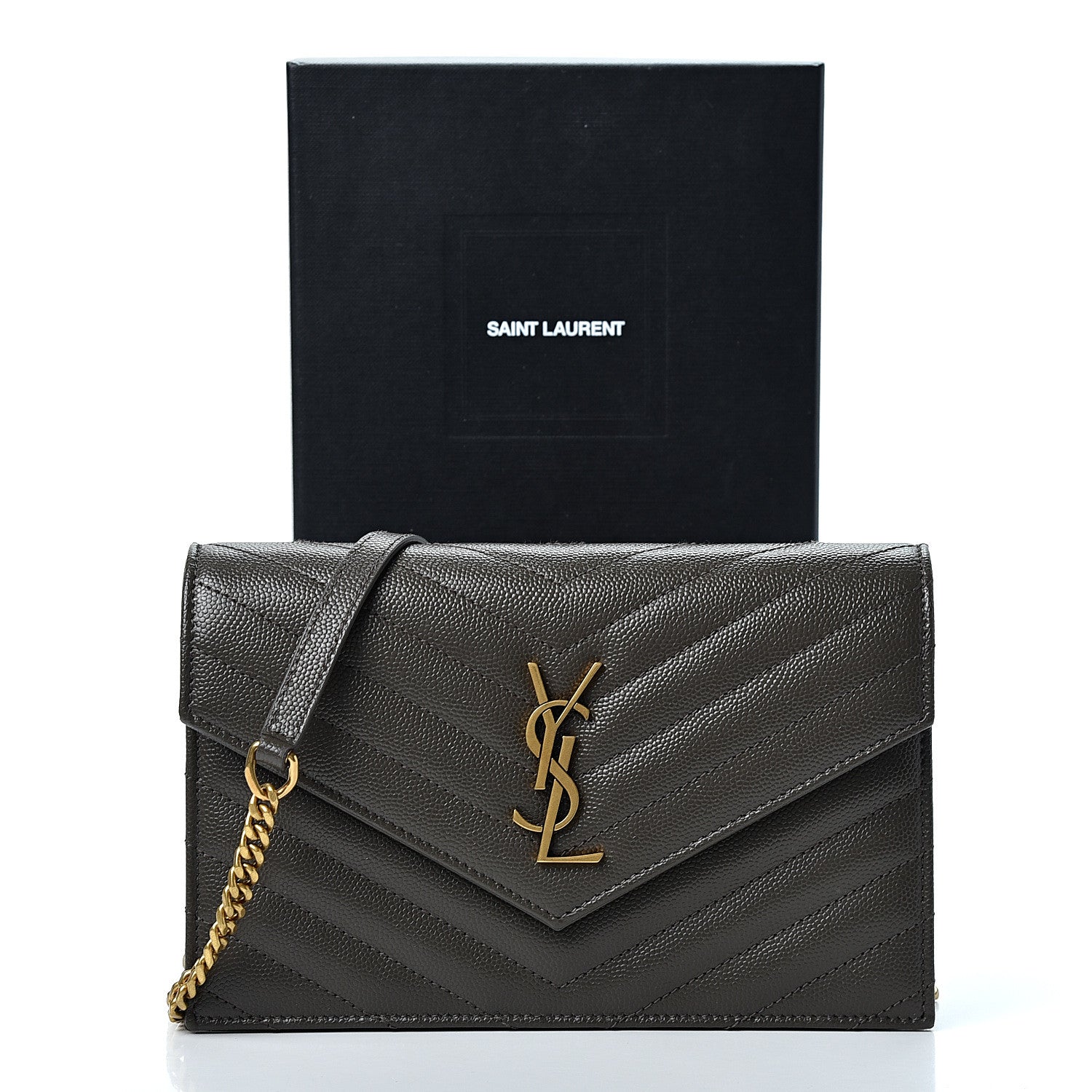 Saint Laurent Grain De Poudre Matelasse Chevron Monogram Envelope Chain Wallet Pebble 10 of 10
