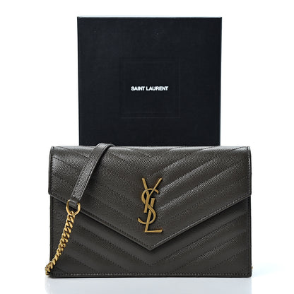 Saint Laurent Grain De Poudre Matelasse Chevron Monogram Envelope Chain Wallet Pebble 10 of 10