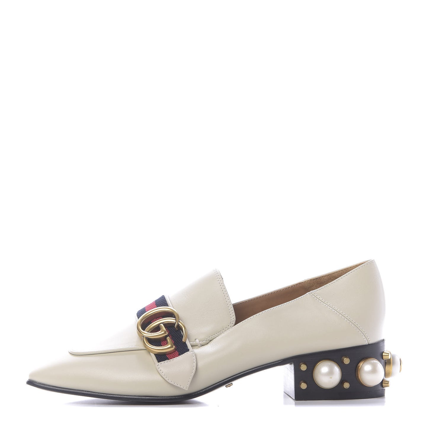 Betis Glamour Calfskin Web Pearl Embellished Peyton 35mm Loafer Pumps 37 Mystic White