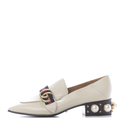 Gucci Betis Glamour Calfskin Web Pearl Embellished Peyton 35mm Loafer Pumps 37 Mystic White 1 of 12
