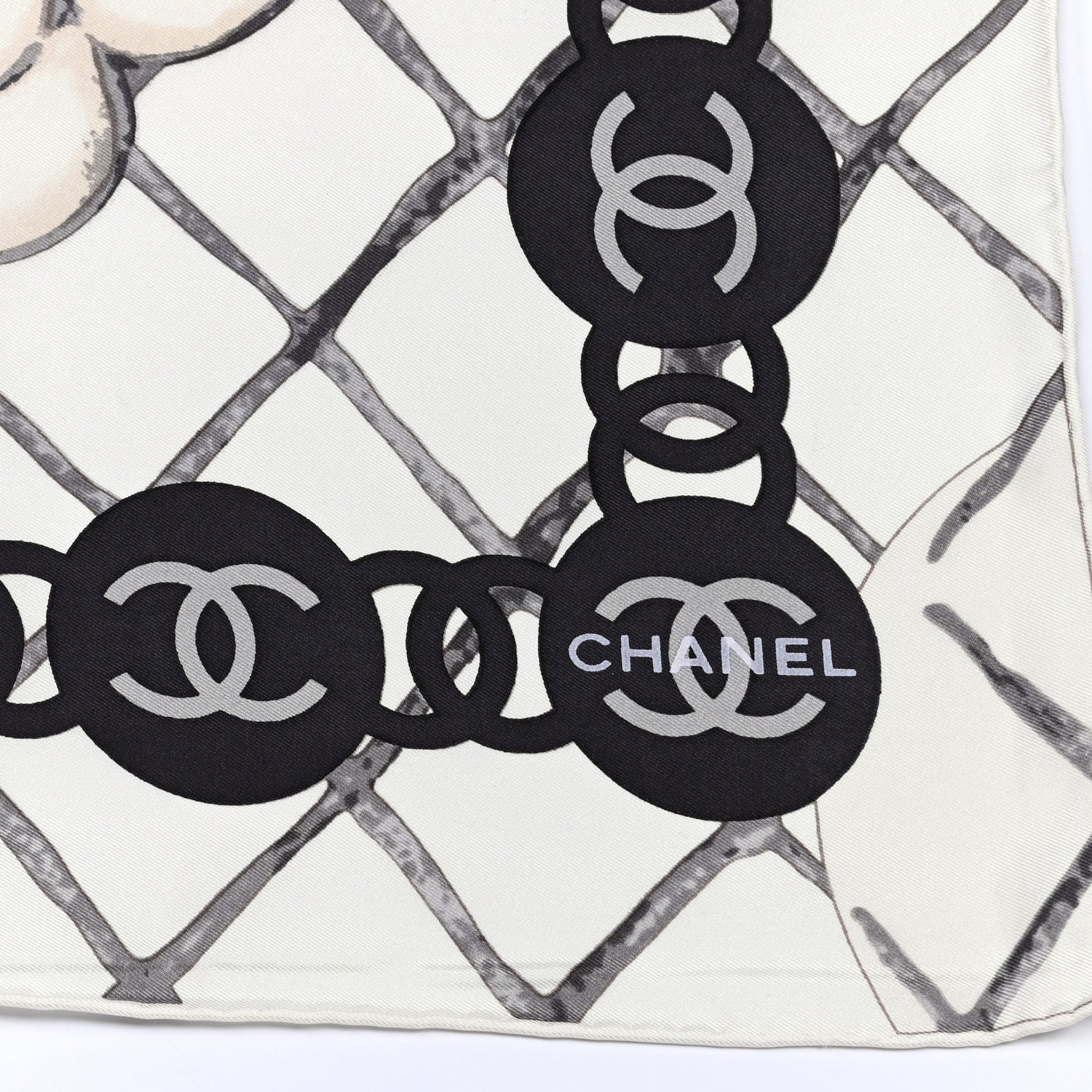 Chanel Silk CC Logo Camellia Scarf White Black 2 of 3