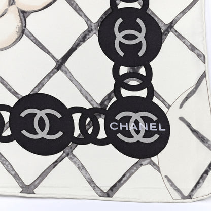 Chanel Silk CC Logo Camellia Scarf White Black 2 of 3