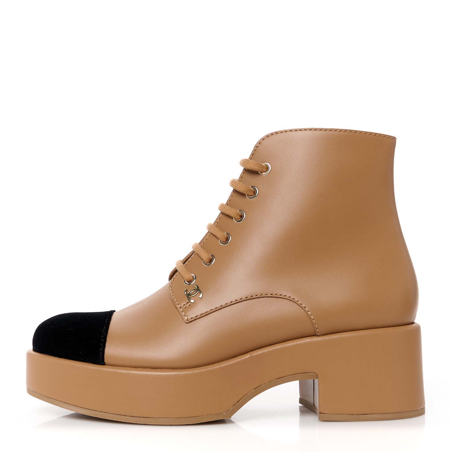 Chanel Calfskin Velvet CC Cap Toe Boots 39.5 Beige Black 1 of 8