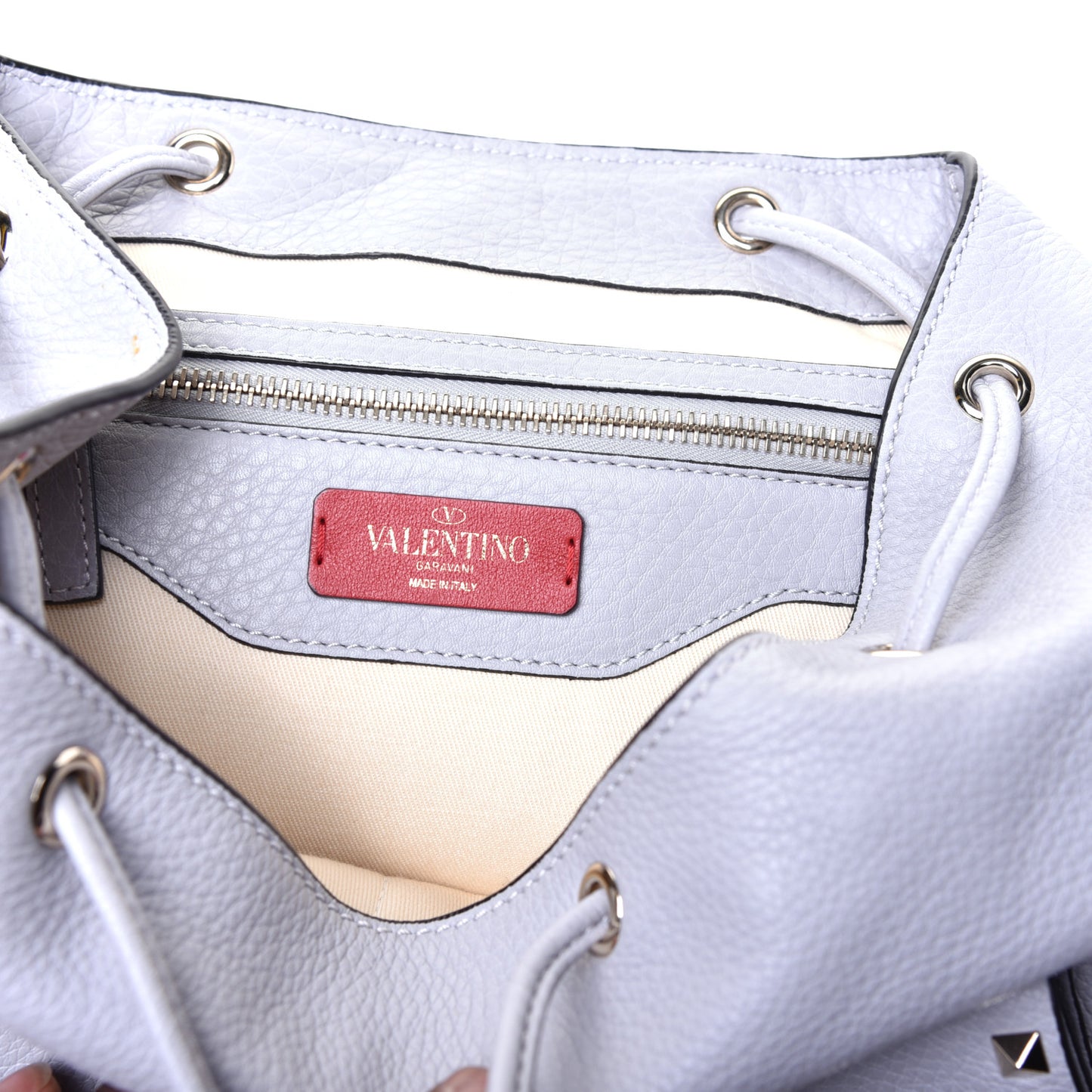 Pebbled Calfskin Rockstud Double Pocket Backpack Pastel Grey
