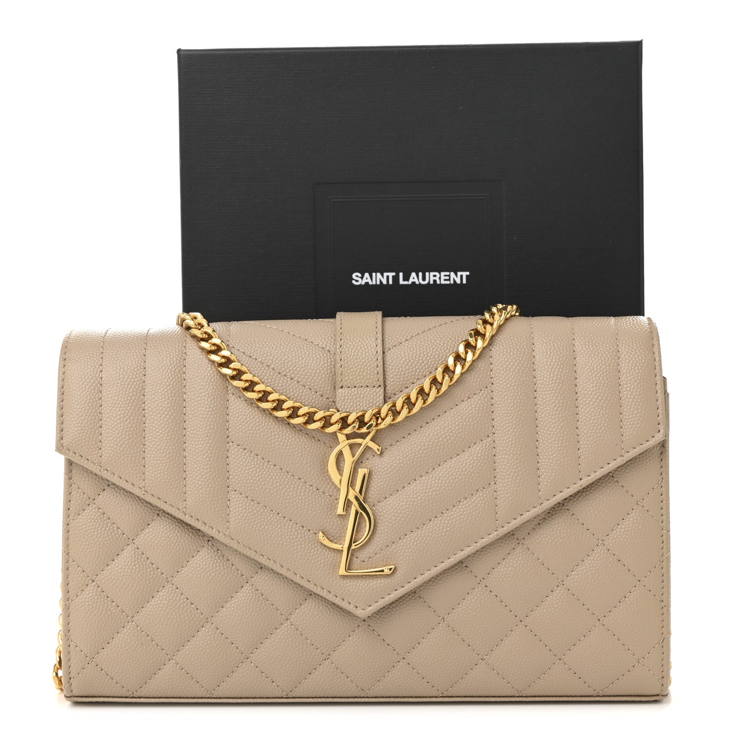Saint Laurent Grain De Poudre Mixed Matelasse Triquilt Monogram Chain Wallet Dark Beige 10 of 10