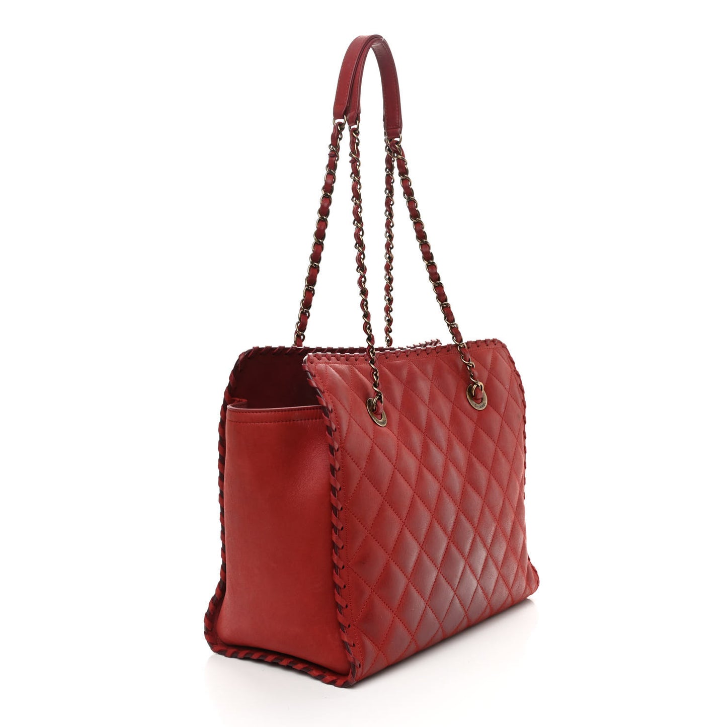 Iridescent Calfskin Quilted Happy Stitch Shopping Tote Red