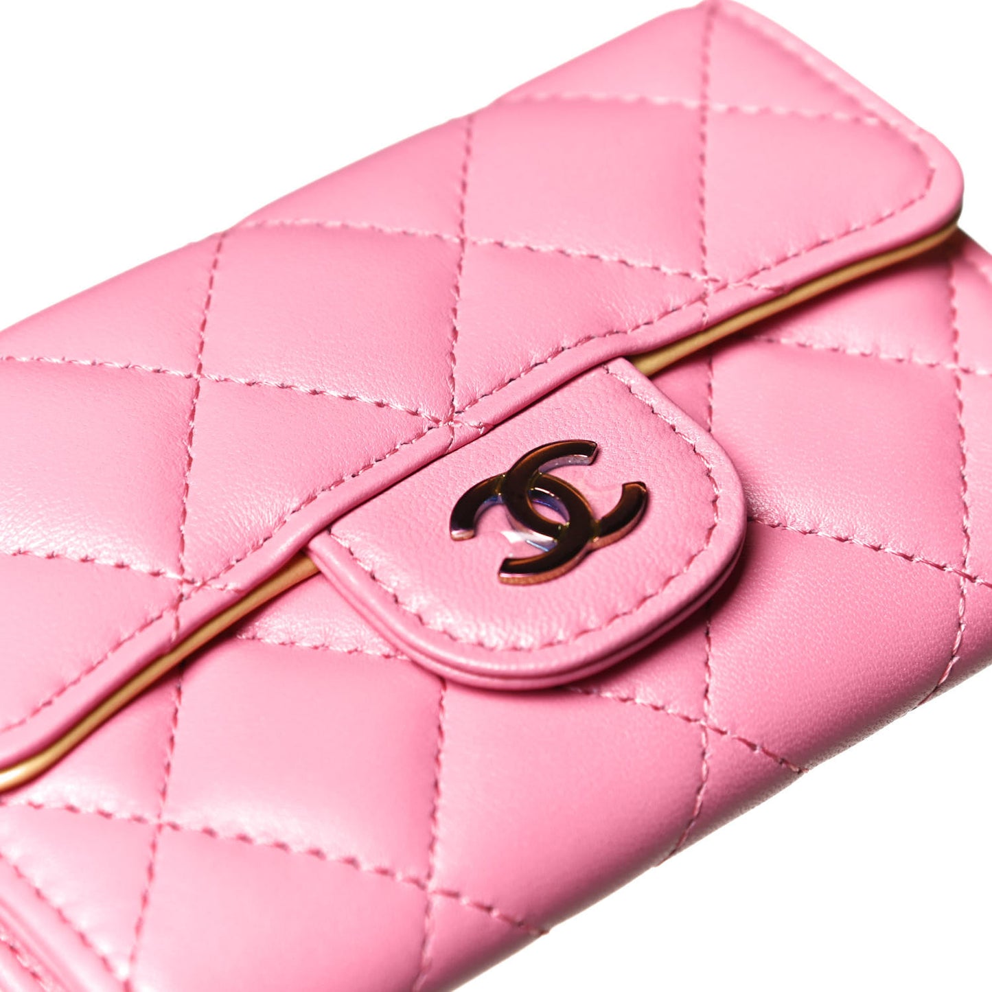 Lambskin Quilted Flap Card Holder Wallet Pink Yellow