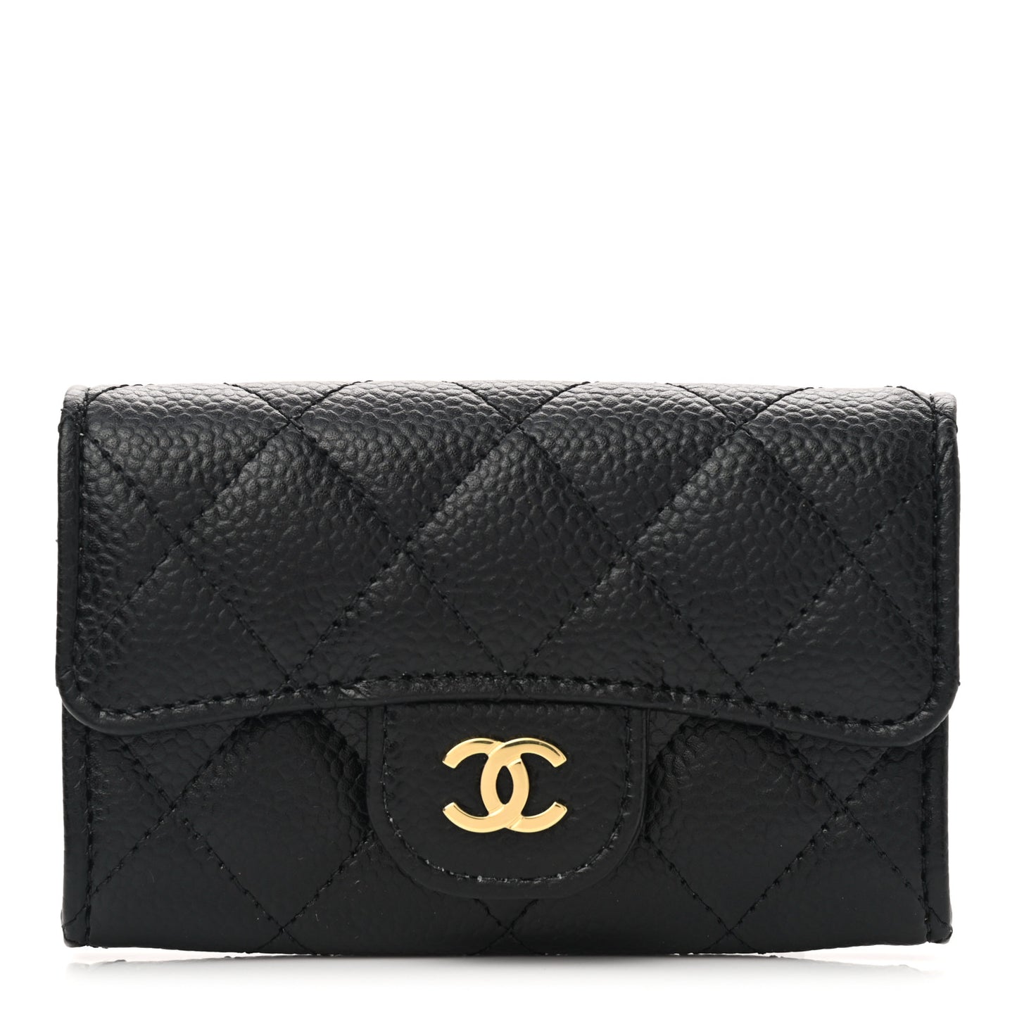 Caviar Quilted Flap Card Holder Wallet Black