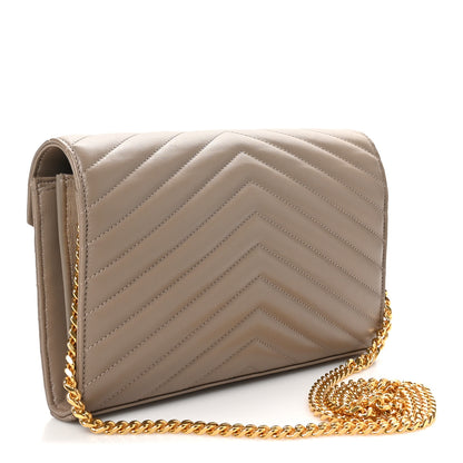 Saint Laurent Lambskin Matelasse Chevron Monogram Chain Wallet Dusty Grey 3 of 9