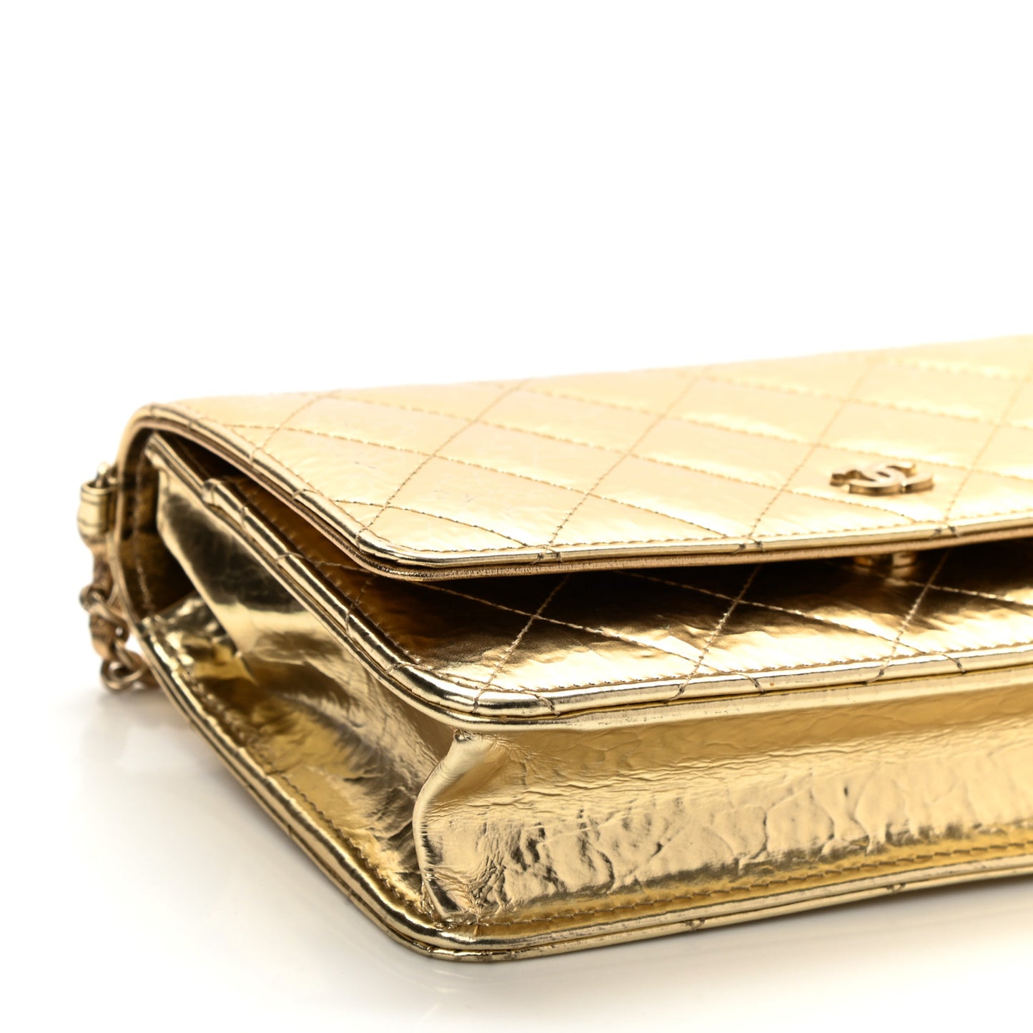 Hammered Metallic Calfskin Quilted Wallet On Chain WOC Gold