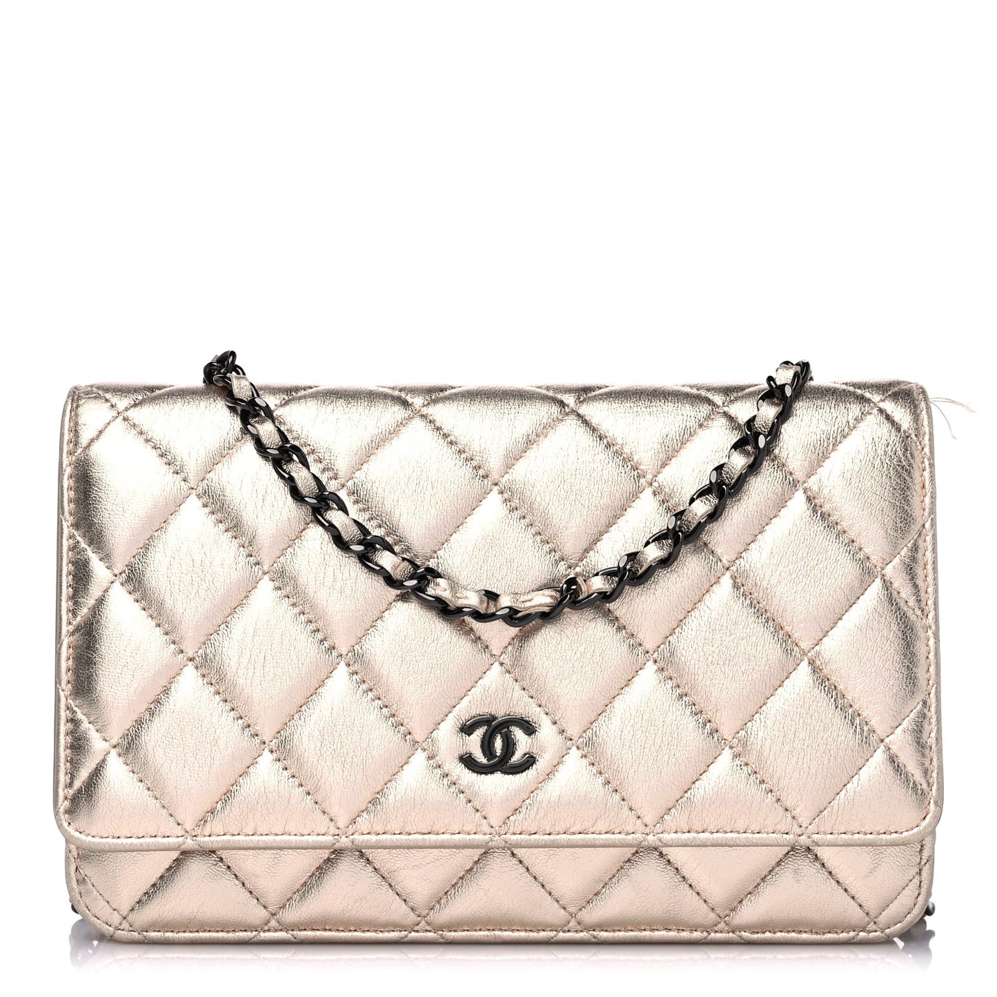 Metallic Lambskin Quilted Wallet On Chain WOC Gold Black