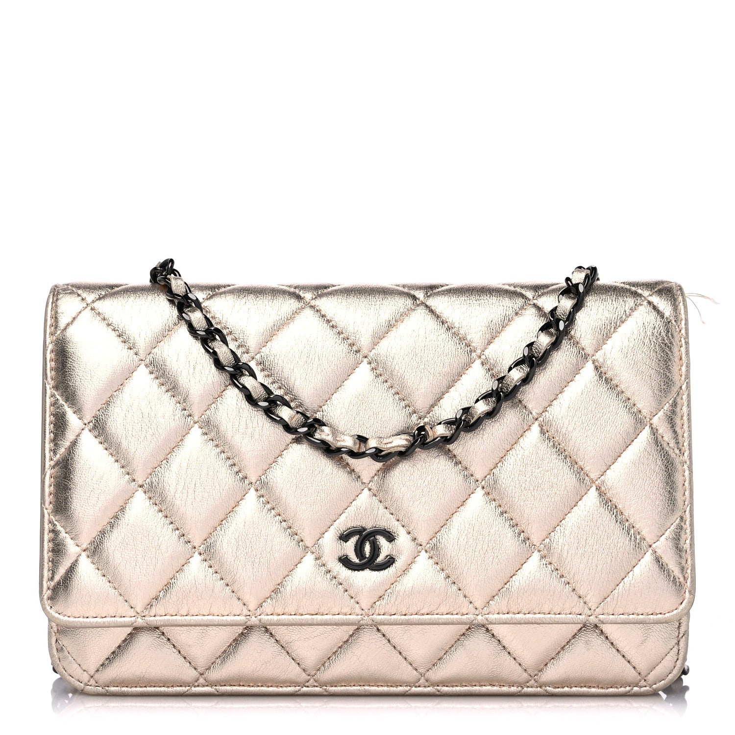 Chanel Metallic Lambskin Quilted Wallet On Chain WOC Gold Black 1 of 18