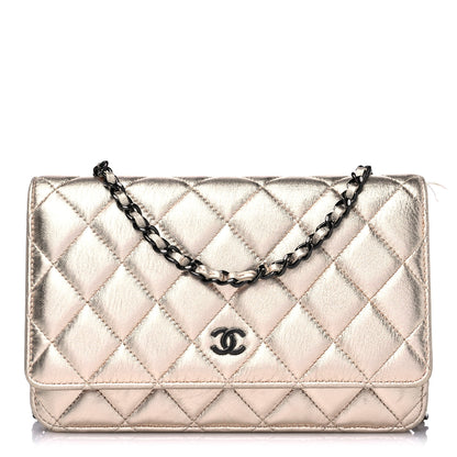 Chanel Metallic Lambskin Quilted Wallet On Chain WOC Gold Black 1 of 18