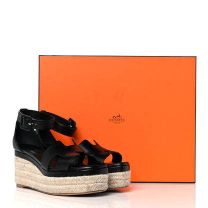 Hermes Goatskin Elda Espadrille Wedge Sandals 37 Black 9 of 9