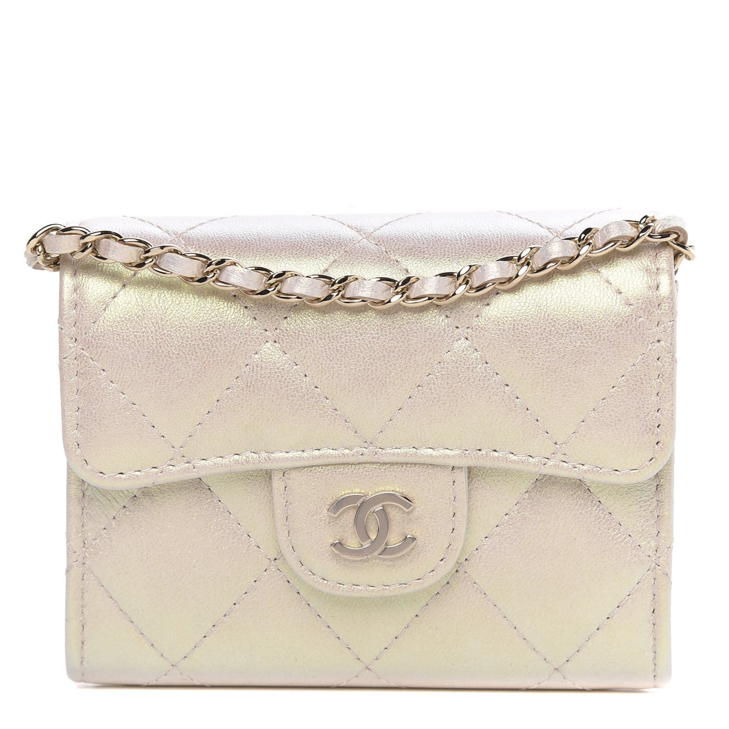 Iridescent Lambskin Quilted Flap Card Holder On Chain Ivory