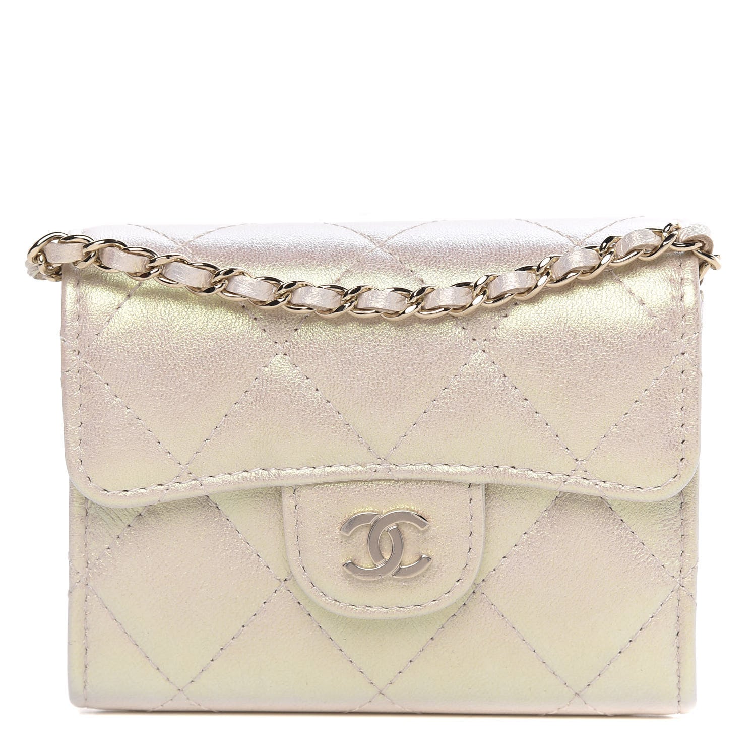 Chanel Iridescent Lambskin Quilted Flap Card Holder On Chain Ivory 1 of 9