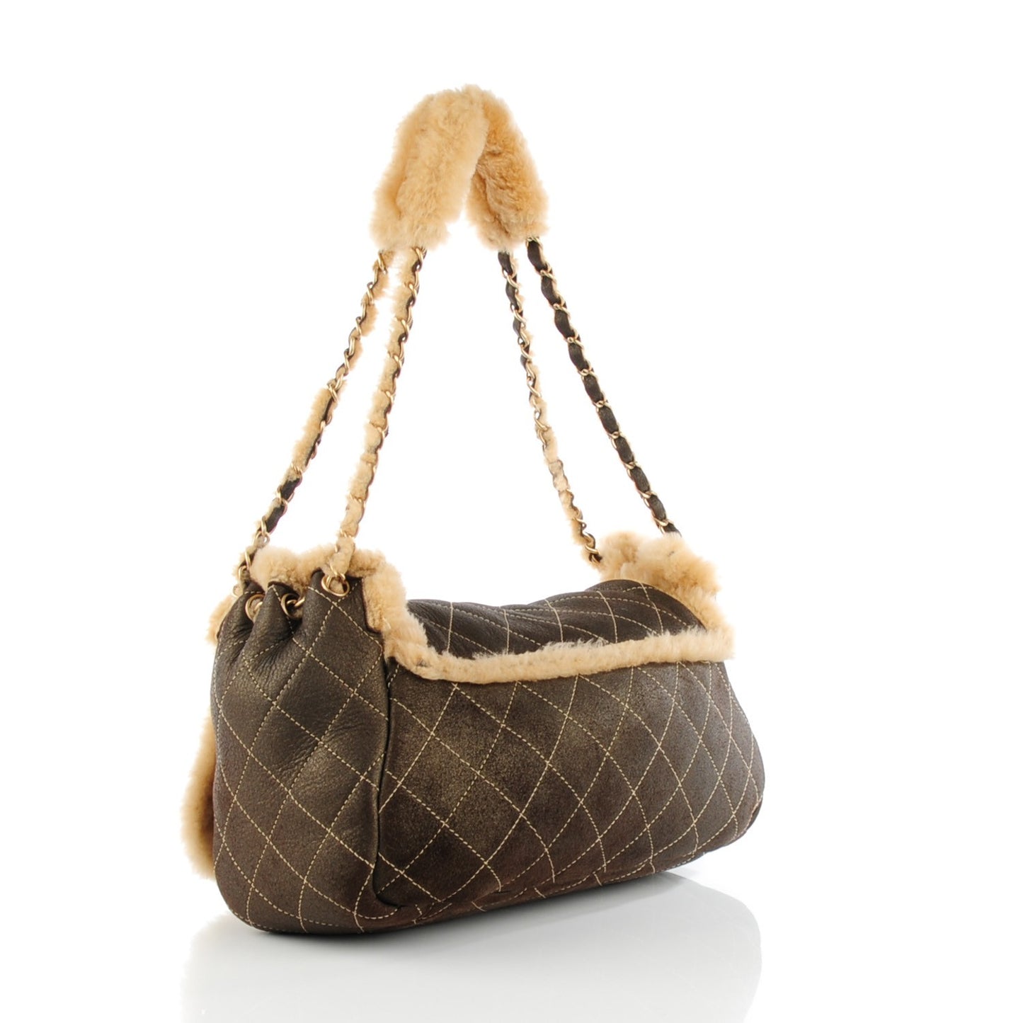 Shearling Suede Quilted Fur Flap Metallic Bronze