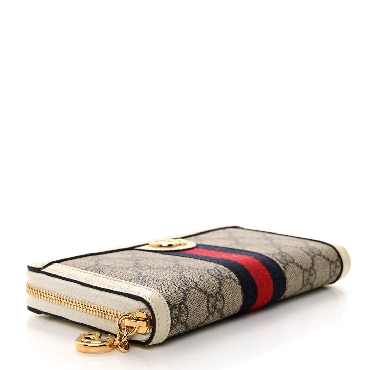 GG Supreme Monogram Textured Dollar Calfskin Web Ophidia Zip Around Wallet Beige Ebony Mystic White