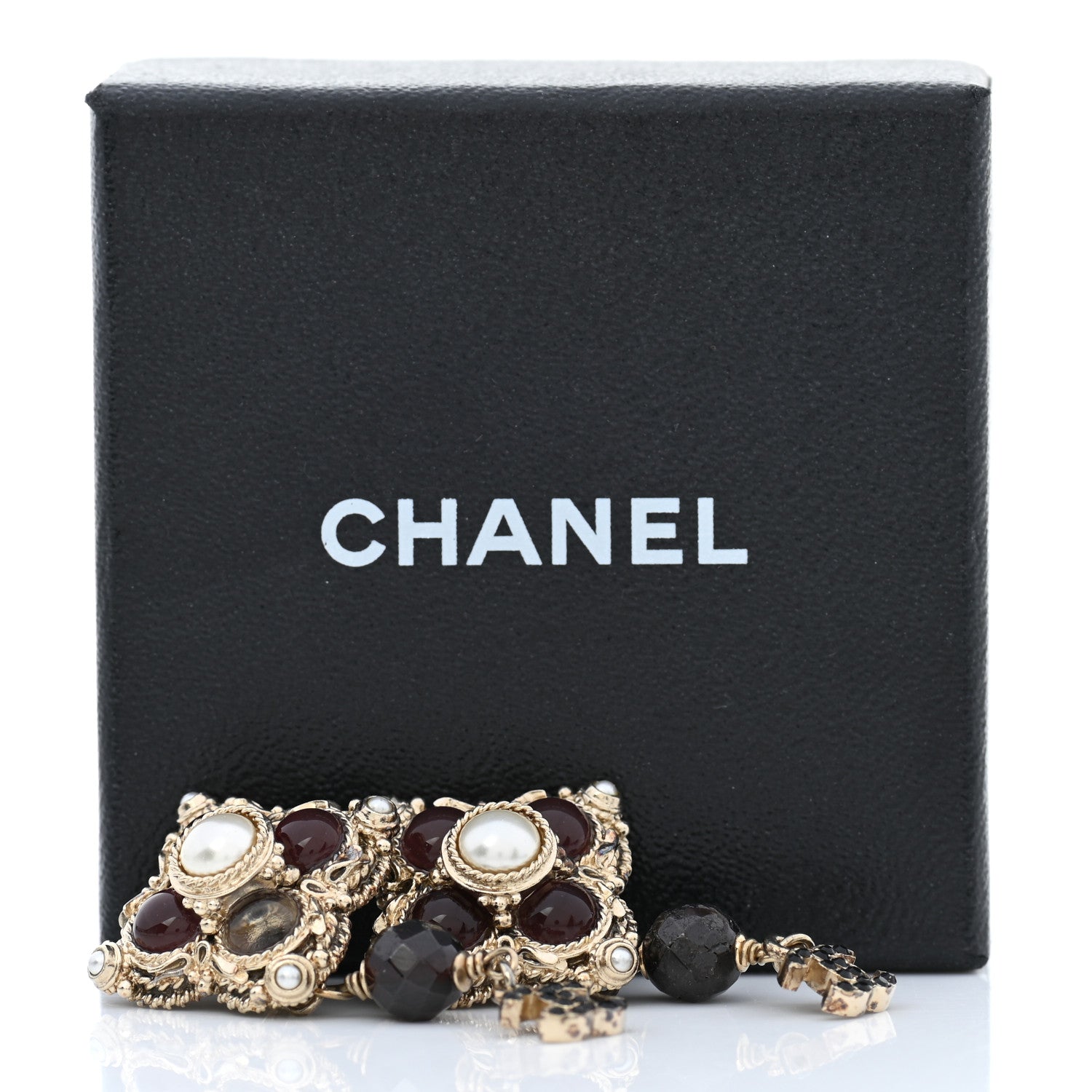 Chanel Pearl Bead CC Drop Clip On Earrings Black Gold 5 of 5