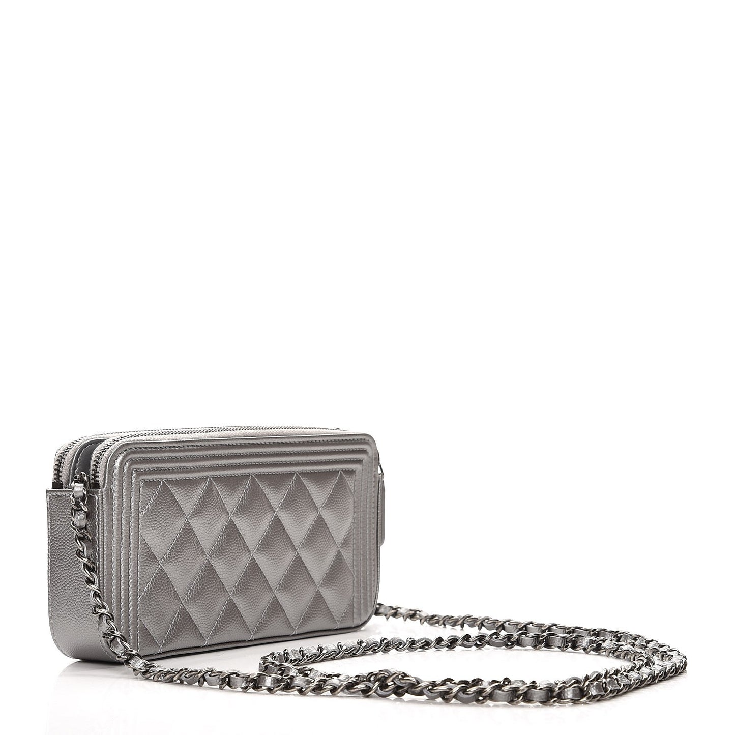 Metallic Caviar Quilted Small Boy Clutch With Chain Silver