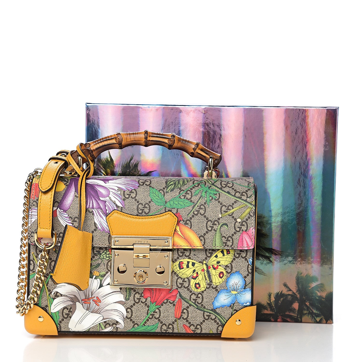 Gucci GG Supreme Monogram Flora Small Padlock Bamboo Shoulder Bag Beige Multicolor Crop 10 of 10