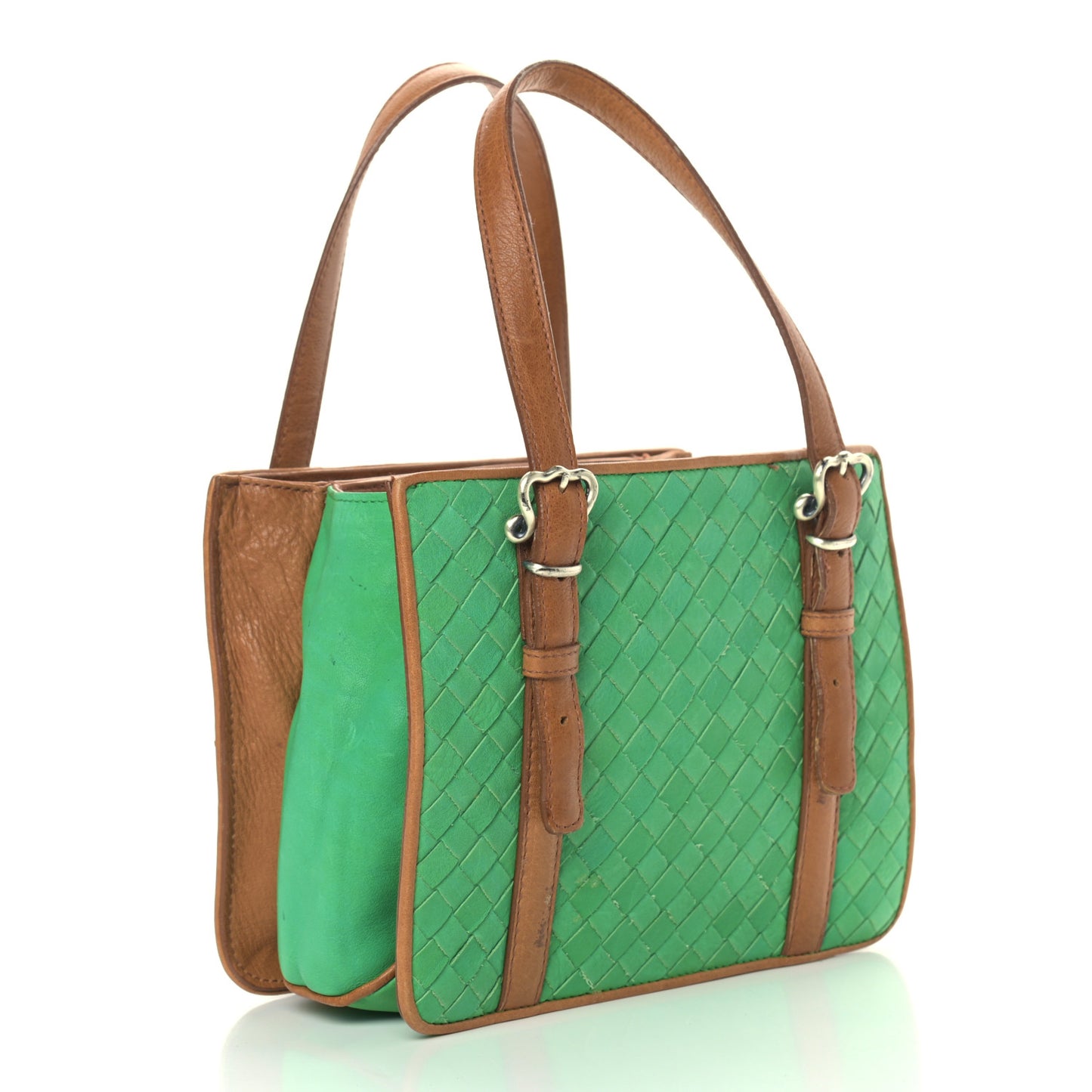 Nappa Intrecciato Bi-Color Top Handle Tote Green Brown