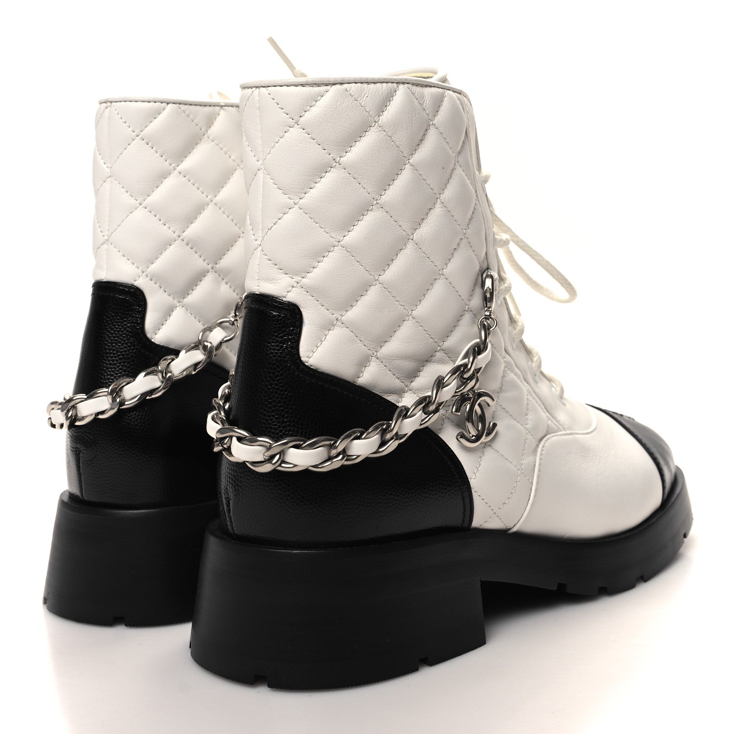 Chanel Caviar Calfskin Quilted Chain Lace Up Combat Boots 39.5 White Black 4 of 8