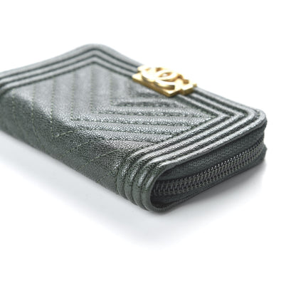 Chanel Caviar Chevron Quilted Boy Zip Around Coin Purse Wallet Dark Green 7 of 11