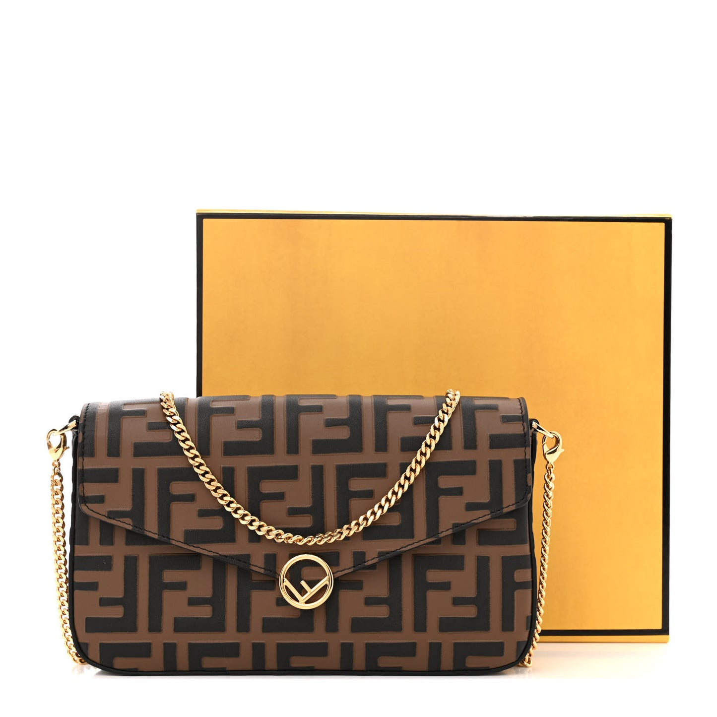 Vitello Soft F is Fendi Bi-Color FF 1974 Embossed Envelope Wallet On Chain with Pouches Maya Black