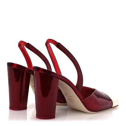 Chanel Laminated Calfskin Lambskin Cap Toe CC Slingback Pumps 40 Red Ivory 5 of 12