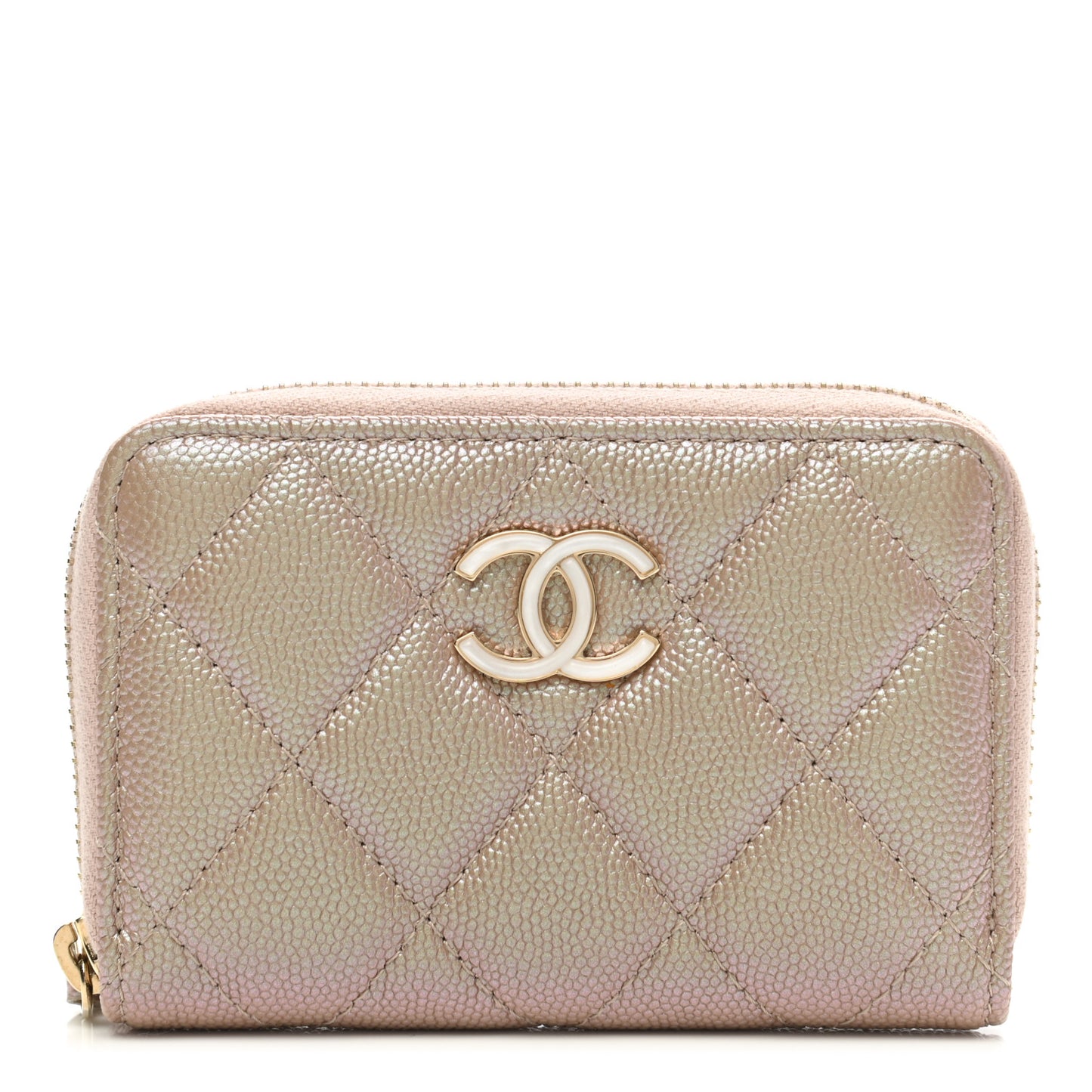 Iridescent Caviar Quilted Zip Coin Purse Beige