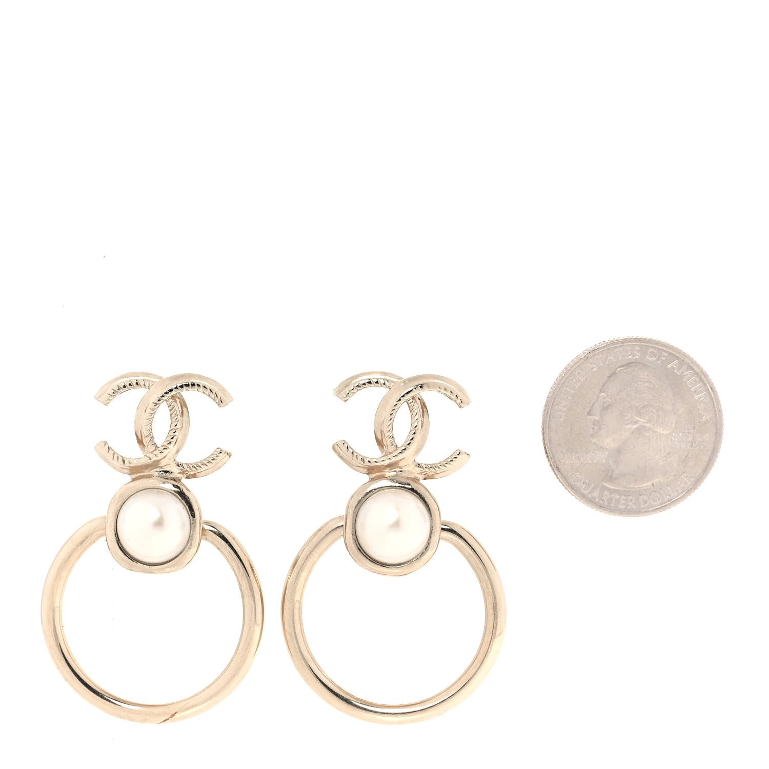 Chanel Metal Pearl CC Hoop Drop Earrings Gold 2 of 5