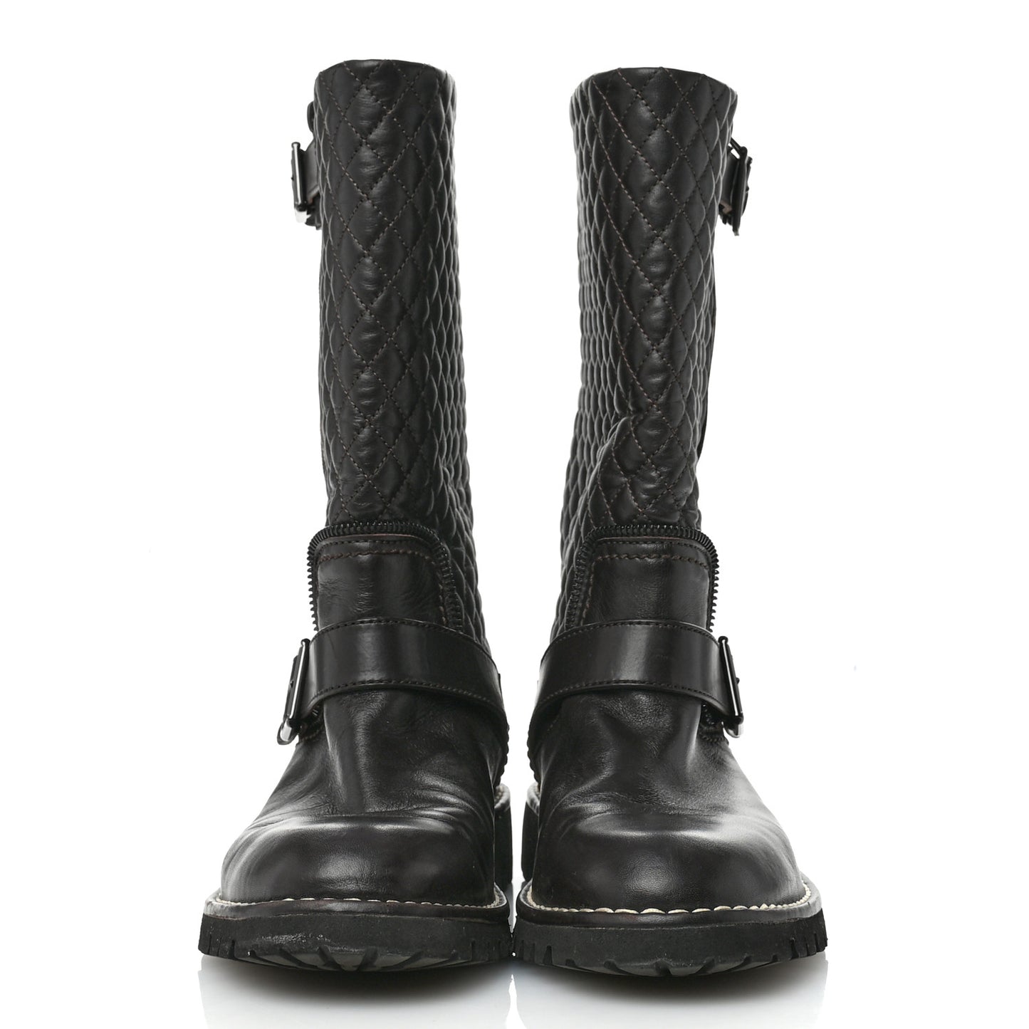 Calfskin Quilted Biker Boots 39 Brown