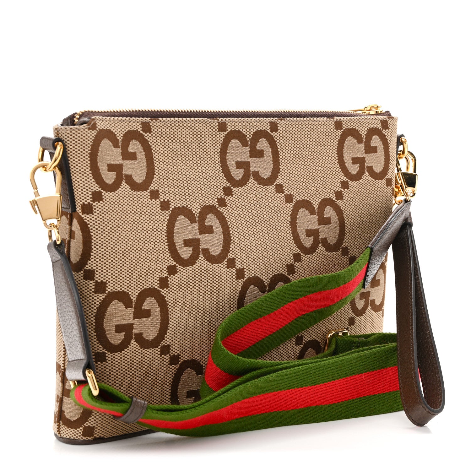 Gucci Monogram Jumbo GG Textured Dollar Calfskin Web Wristlet Messenger Bag Camel Ebony New Acero Camel Ebony New Acero 3 of 9
